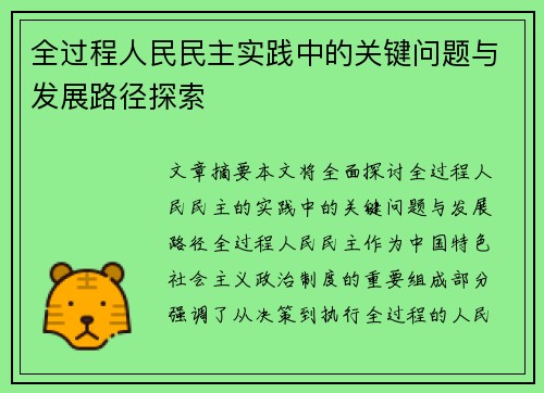 全过程人民民主实践中的关键问题与发展路径探索