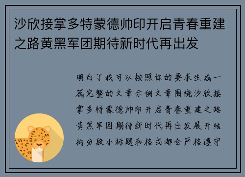 沙欣接掌多特蒙德帅印开启青春重建之路黄黑军团期待新时代再出发