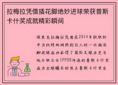 拉梅拉凭借插花脚绝妙进球荣获普斯卡什奖成就精彩瞬间